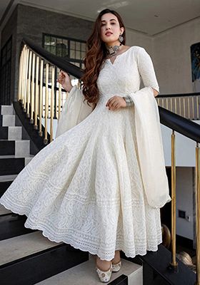 White Embroidered Cotton Anarkali With Dupatta