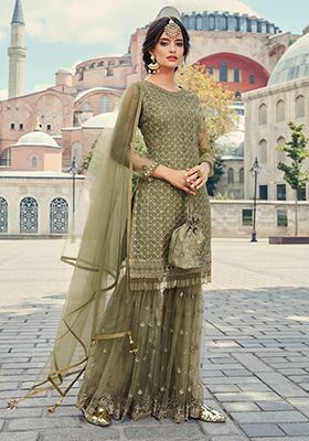 Olive Green Embroidered Net Sharara Set