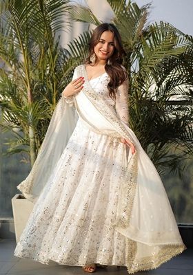 White Embroidered Georgette Anarkali With Dupatta