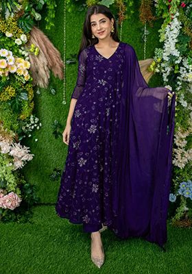 Purple Zari Sequin Embroidered Georgette Kurta Set