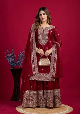 Maroon Thread Sequin Embroidered Chinon Sharara Set