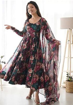 Black Digital Print Georgette Anarkali With Dupatta