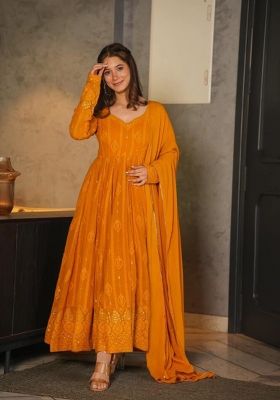 Yellow Embroidered Georgette Anarkali With Dupatta