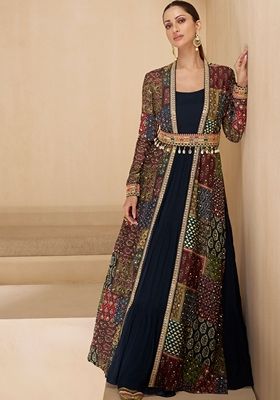 Blue Printed Georgette Anarkali With Dupatta