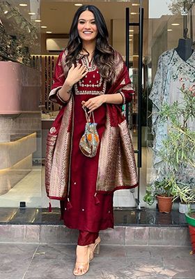 Maroon Embroidered Cotton Kurta Set