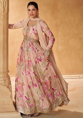 Peach Embroidered Chinnon Salwar Kameez