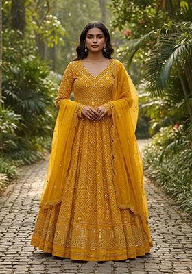 Yellow Sequin Embroidered Georgette Salwar Kameez