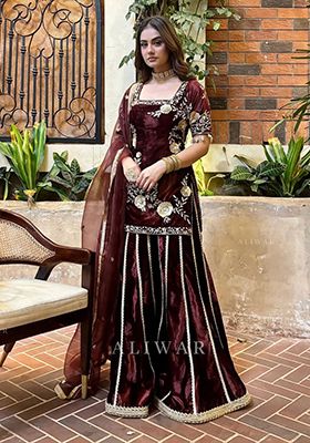 Maroon Embroidered Velvet Salwar Kameez