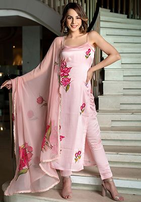 Peach Floral Print Poly Blend Salwar Kameez With Dupatta
