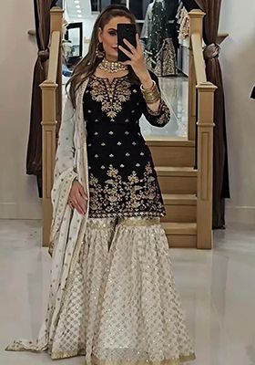 Black Embroidered Georgette Sharara Set