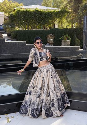 Cream Floral Print  Tussar Silk Lehenga Set
