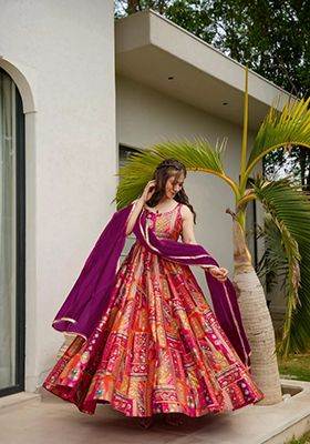 Purple Solid Silk Anarkali With Dupatta