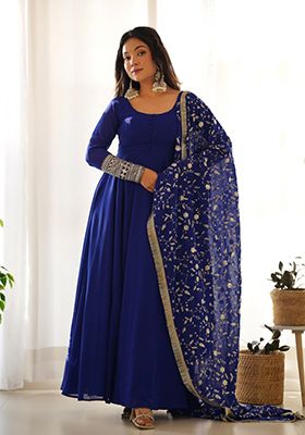 Blue Zari Embroidered Georgette Anarkali With Dupatta