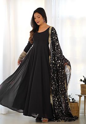 Black Zari Embroidered Georgette Anarkali With Dupatta
