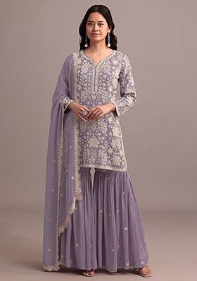 Purple Embroidered Georgette Sharara Set With Dupatta