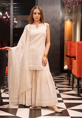 White Embroidered Cotton Sharara Set With Dupatta