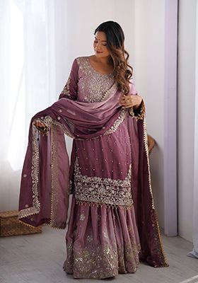 Onion Pink Embroidered Chinon Silk Palazzo Set With Dupatta