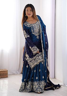 Blue Embroidered Chinon Silk Palazzo Set With Dupatta