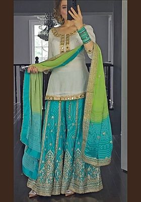 White -Green  Embroidered Silk Sharara Set With Dupatta