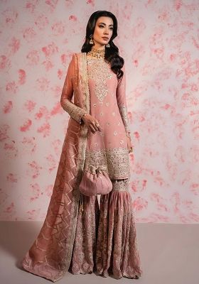 Peach Embroidered Georgette Kurta Sharara Set