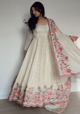 Off White Embroidery Silk Salwar Kameez With Dupatta