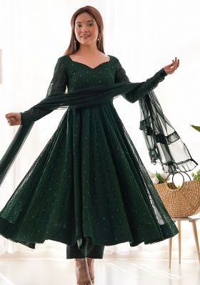 Green Embroidery Fox Georgette Anarkali With Dupatta