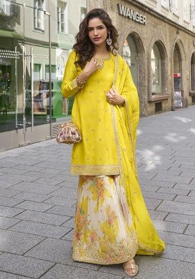 Yellow Embroidery Chinon Kurta Set