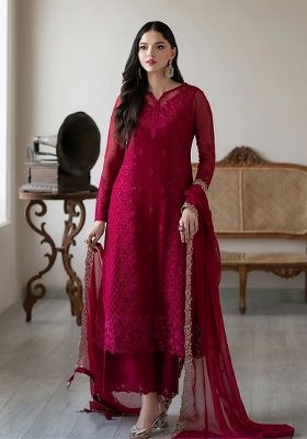 Rani Pink Embroidered Georgette Kurta Set