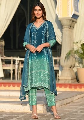 Aqua Embroidery Silk Blend Kurta Set