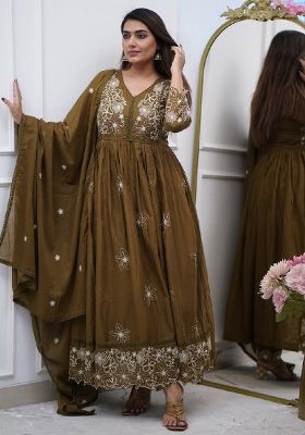 Brown Embroidery Silk Blend Kurta Set