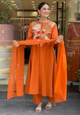 Orange Embroidery Silk Blend Kurta Set