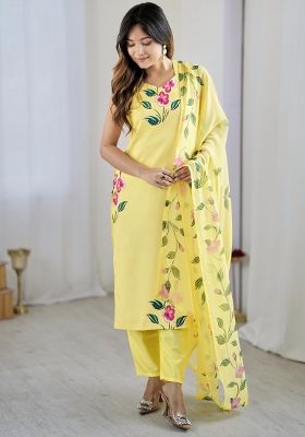 Yellow Embroidery Silk Blend Kurta Set