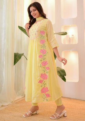 Yellow Embroidery Silk Blend Kurta Set
