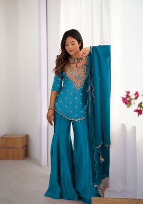 Blue Embroidery Silk Kurta Set