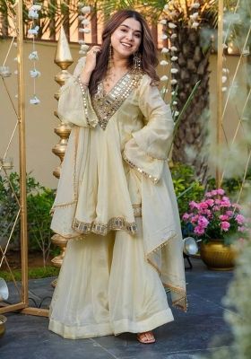 Ivory Mirror Work Silk Sharara
