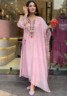 Pink Embroidery Silk Kurti Set