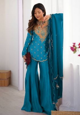 Teal Blue Embroidery Silk Kurta Set