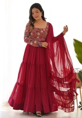 Red Embroidery Georgette Kurta Set