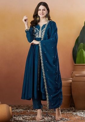 Blue Thread Work Silk Kurta Set