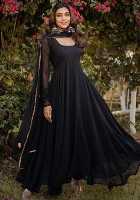 Black Solid Georgette Kurta With Dupatta