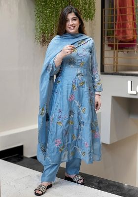 Blue Embroidery Silk Kurta Set