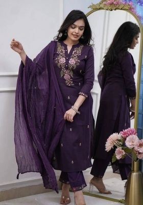 Purple Embroidery Viscose Kurta Set