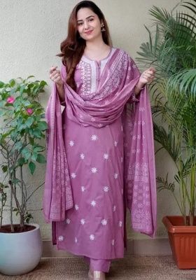 Purple Embroidery Viscose Kurta Set