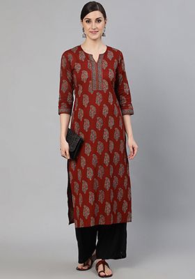 Maroon Printed Pure Cotton Kurta