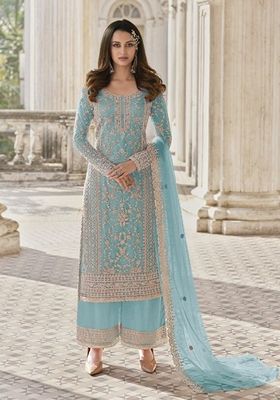 Sky Blue Stone Work Embroidered Net Kurta Set