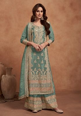 Sea Green Embroidered Silk Kurta Set