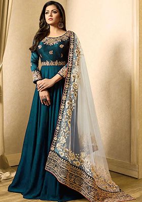 Turquoise Zari Embroidered Banglory Georgette Anarkali With Dupatta