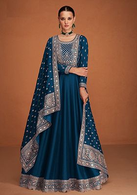 Blue Embroidered Silk Anarkali With Dupatta