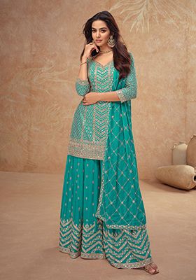 Sky Blue Embroidered Silk Salwar Kameez