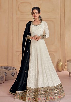 Cream Zari Embroidered Georgette Anarkali With Dupatta
